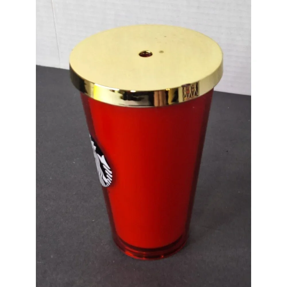 Starbucks Red Plastic Travel Tumbler Mug Gold Screw On Cover 16 oz - Picture 3 of 6